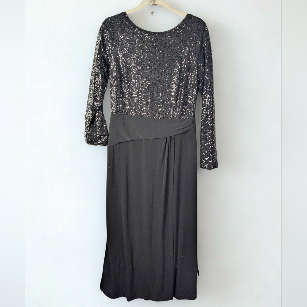NWT Venus Black Round Neck Sequin Jersey Long Sleeve Evening  Dress 12